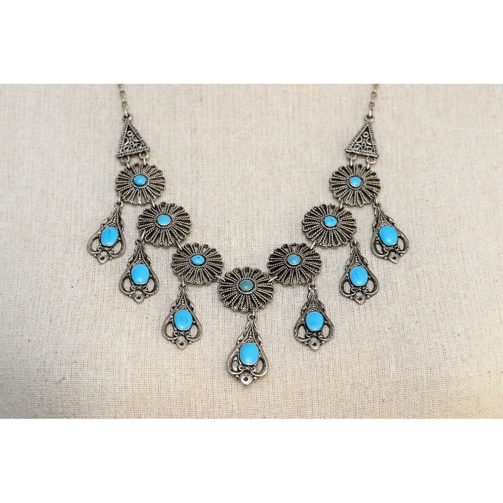 Necklace Silver toned turquoise colored stone boho bib Flowers 60's Southwest